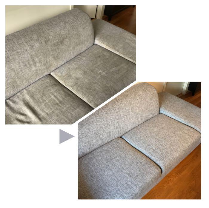 Før og etter bilder av en sofa som har blitt renset med Teppe og møbelrenser. 